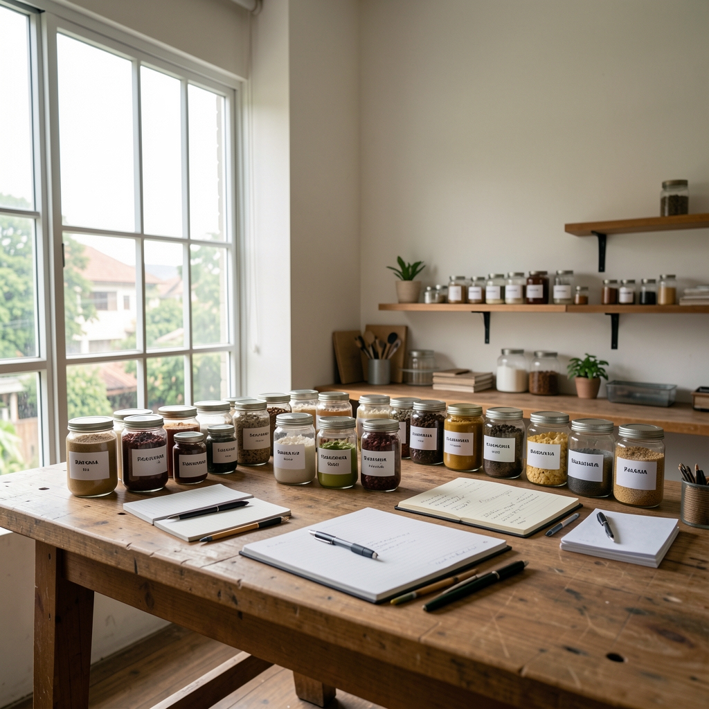 Wide interior photograph of the Mendrix studio in Jakarta — wooden workbench with labelled ingredient jars, natural window light, and open formulation notebooks
