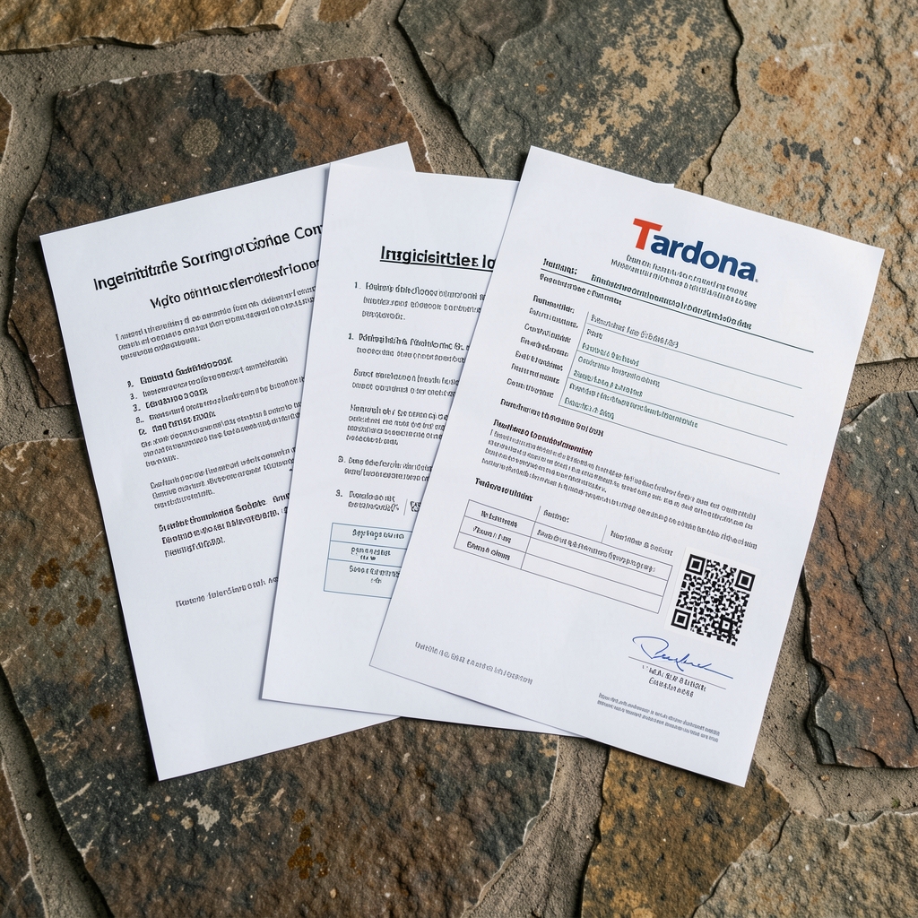 Overhead view of ingredient sourcing documentation — printed certificates of composition laid flat on a stone surface with a Mendrix label beside them