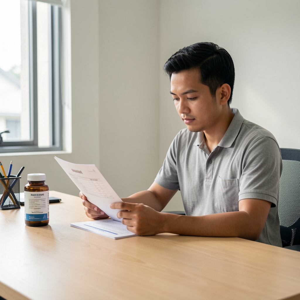Man seated at a clean wooden table reviewing supplement formulation documents in a calm, well-lit Jakarta studio workspace