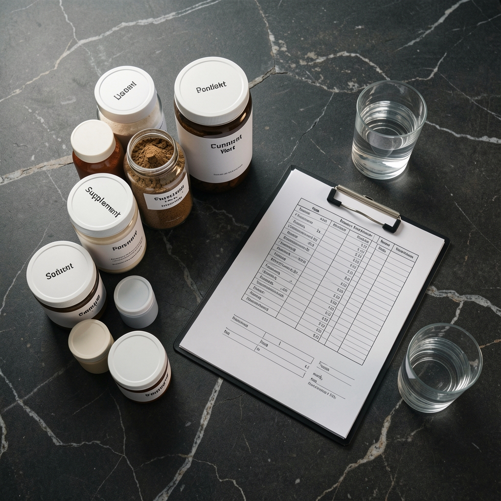 Wide overhead view of a supplement formulation studio workspace — labelled ingredient containers, batch records and a glass of water arranged on a dark stone surface