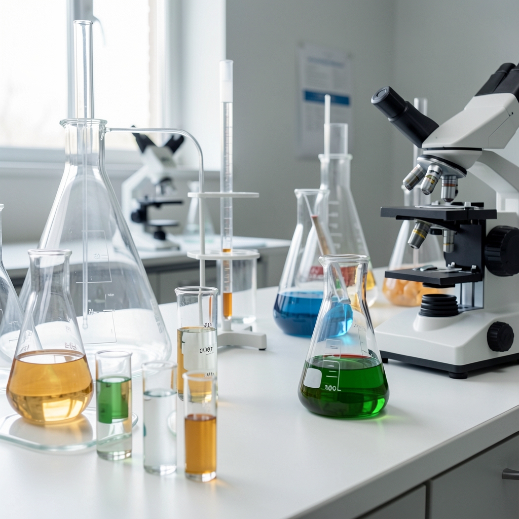Independent laboratory setting — glass equipment and measuring instruments used for elemental concentration analysis of supplement batch samples under controlled lighting