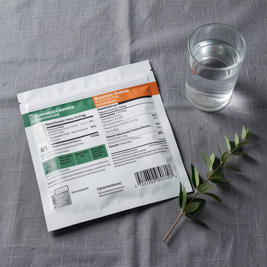 Mendrix Activity Complex supplement pack laid flat on a grey linen surface next to an open glass of water and a small botanical sprig, controlled workspace lighting