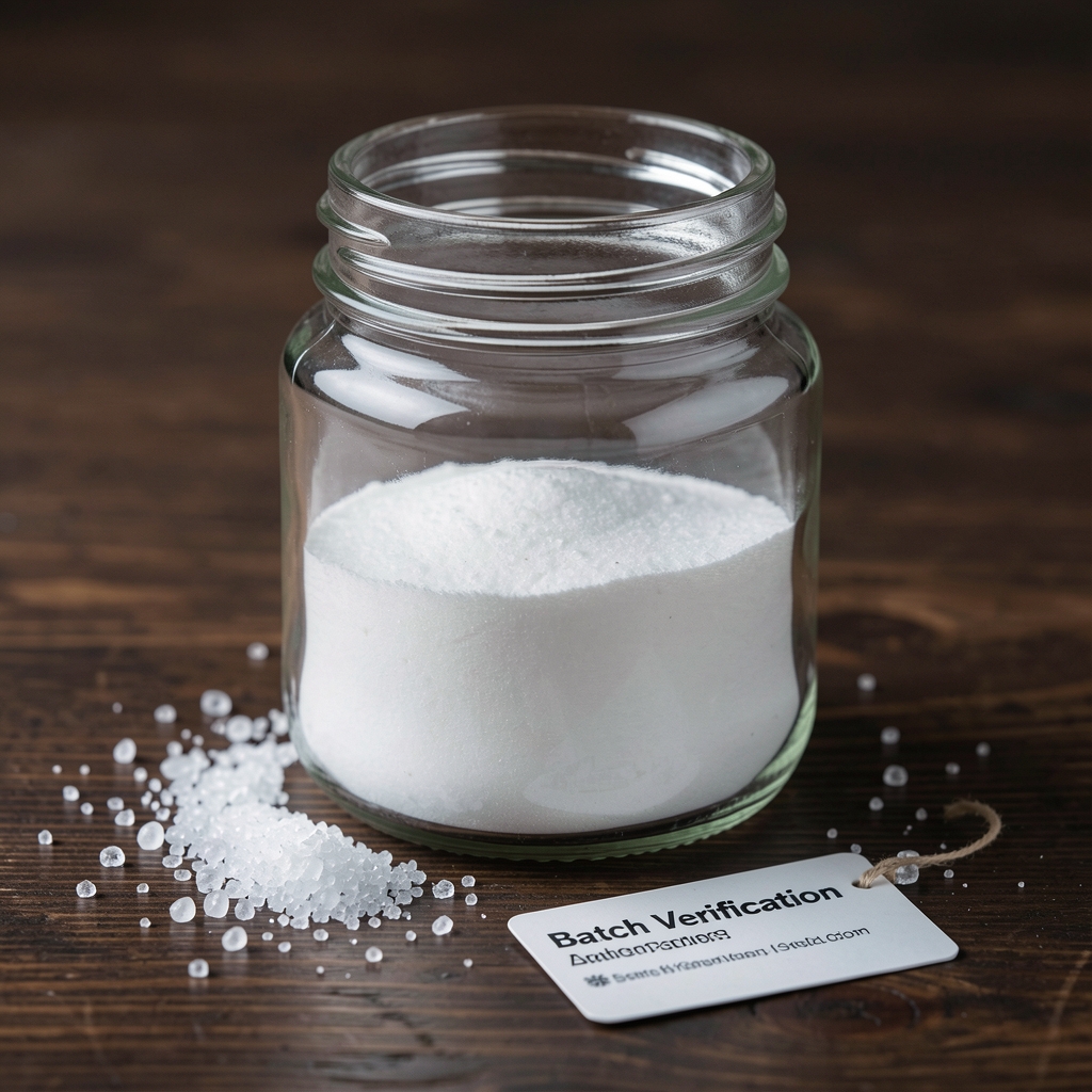 Mendrix Mineral Recovery Stack glass jar photographed close up on a dark wooden surface with scattered magnesium and zinc crystals and a batch verification card
