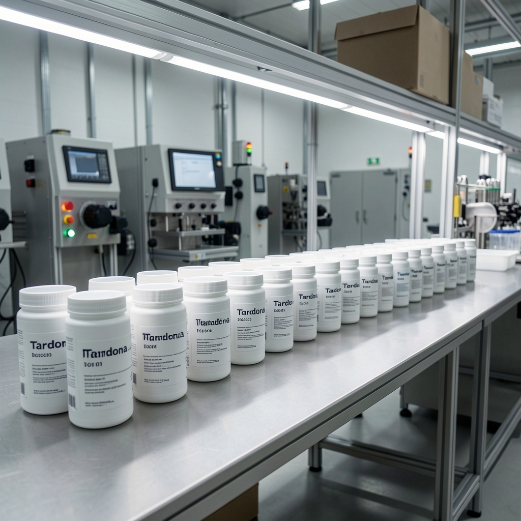 Quality-control bench in the Mendrix facility — batch-coded supplement containers lined in a row under controlled workspace lighting