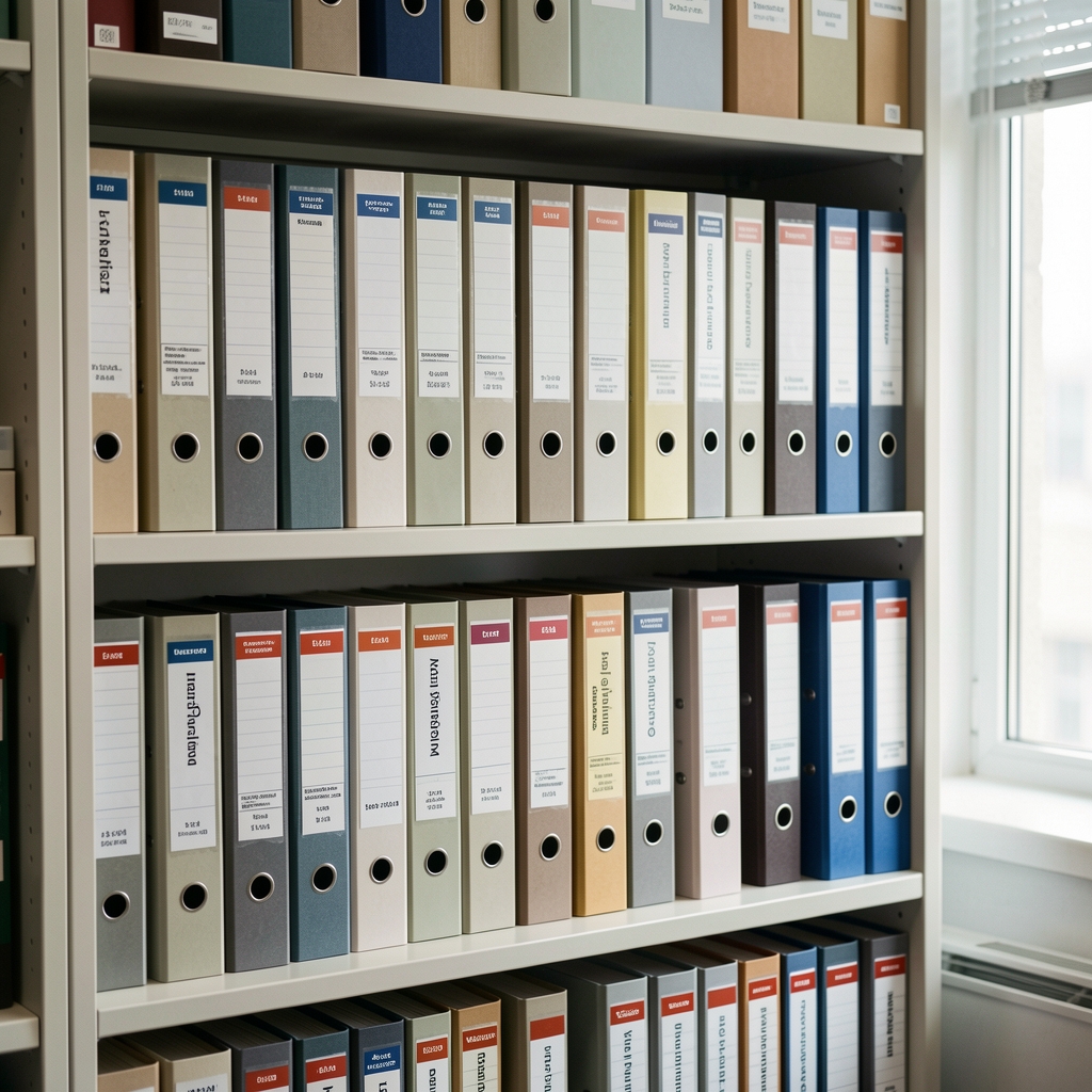 Archive shelf in the Mendrix Jakarta office — neatly labelled batch folders and verification binders arranged chronologically